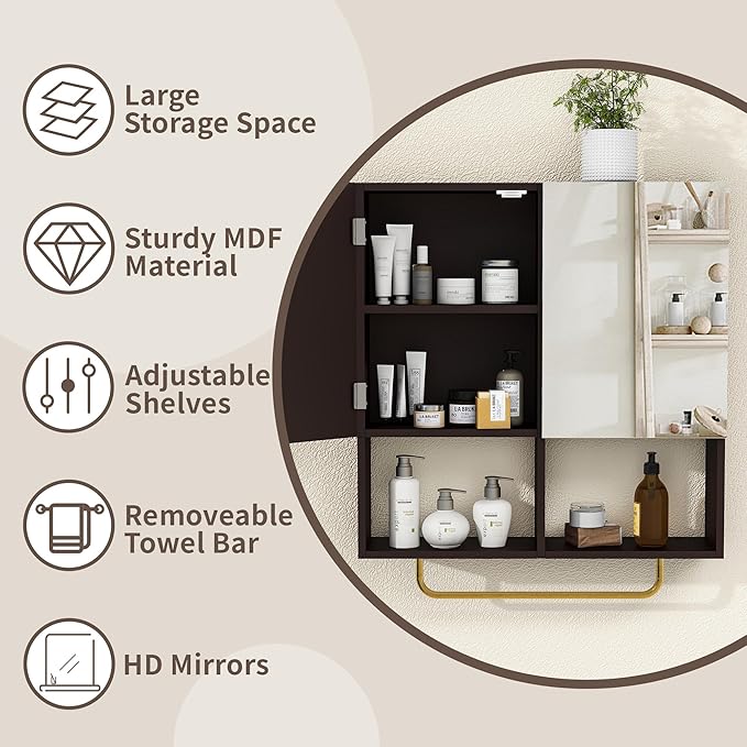 Wall Mounted Storage Cabinet with Mirror & Adjustable Shelves- Bathroom Medicine Cabinet with Towel Bar for Bathroom, Laundary, Enterway,Bedroom