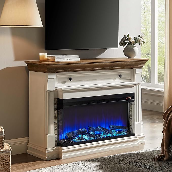 OKD 52 Inch Electric Fireplace with Mantel, Fireplace TV Stand with 36" 3-Sided Glass Electric Fireplace Heater for Living Room (Antique White)