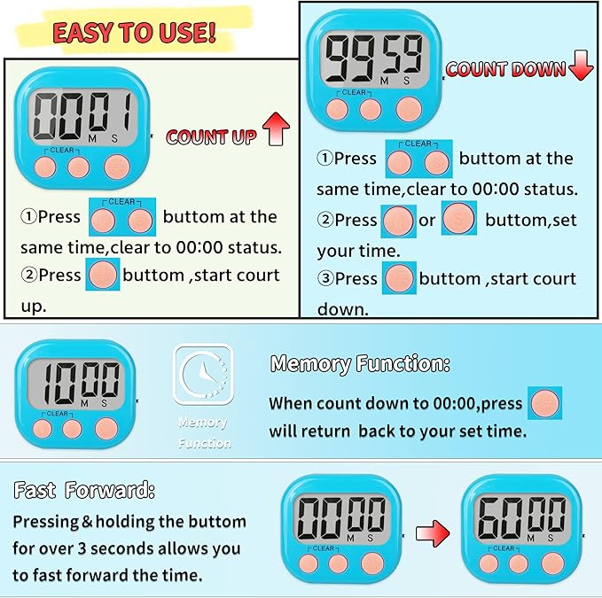 Classroom Timers for Teachers Kids Large Magnetic Digital Timer Teacher Supplies 24 Pack-Blue Pink