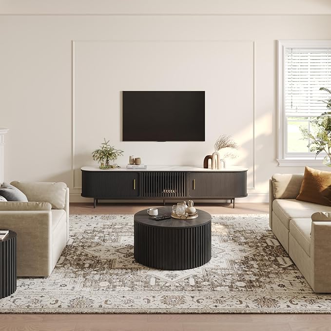 POVISON Sliding Tambour Door TV Stand, Mid Century Modern Sintered Stone TV Console, Wood Media Console for 85 Inch TV, Entertainment Center with Storage Cabinet, Fully-Assembled (Black, 94.49")