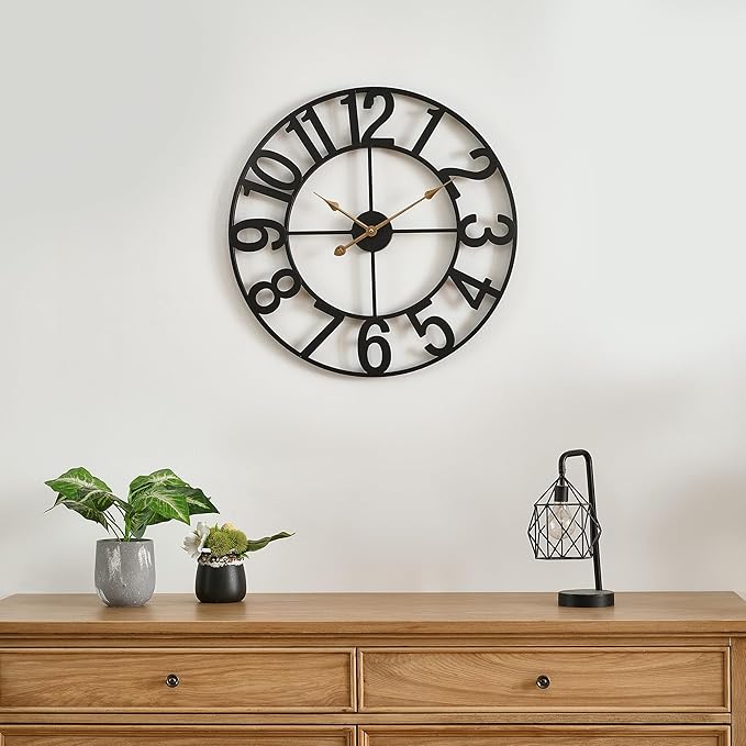 Alarmore Wall Clock, 14 in Small Wall Clocks Battery Operated, Vintage Retro Mid Century Decorative Metal Clock Silent Non Ticking for Living Room Decor-Black