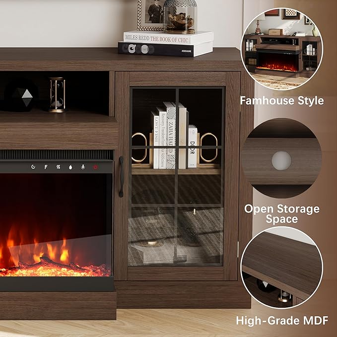 CharaVector 63 inch Fireplace TV Stand for TVs up to 75" with 30" 3-Sided Electric Fireplace, Farmhouse Entertainment Center with Glass Doors & Storage Cabinet, Brown