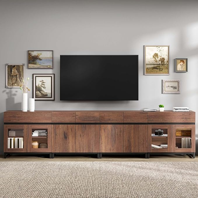 WAMPAT Modern TV Stand for TVs up to 120 inch, 4 in 1 TV Console with Glass Doors and 2 Drawers, Entertainment Center with Adjustable Shelf for Living Room, Bedroom, Brown