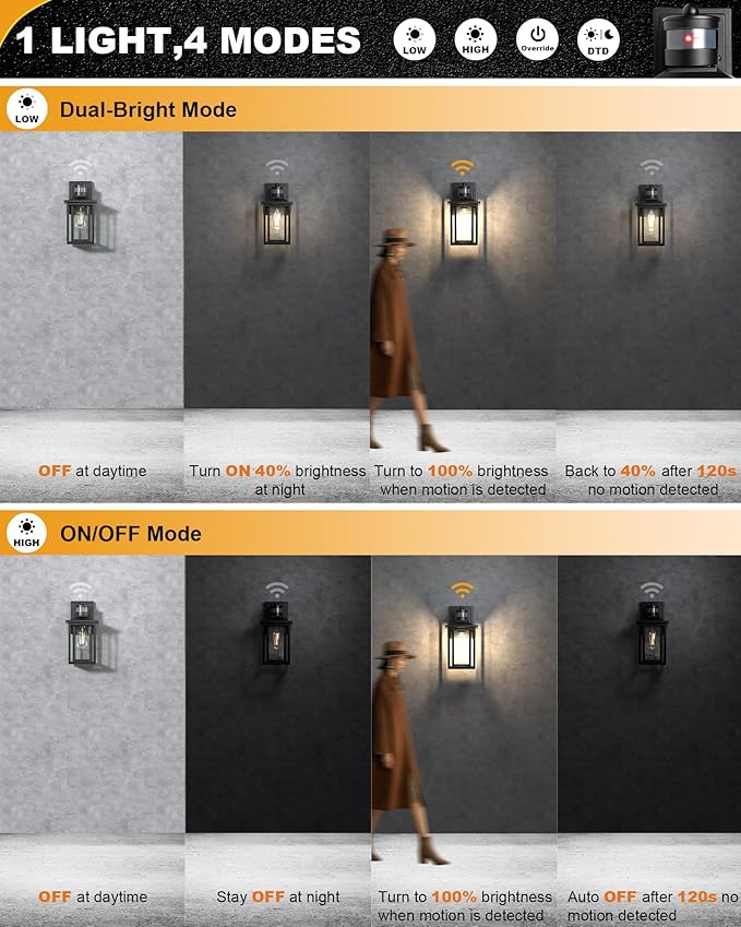 LTBLIGHT Motion Sensor Dusk to Dawn Outdoor Light, 4-Modes Adjustable Black Exterior Lighting Fixture, Waterproof Outside Wall Mount Lantern for Home, Entry, Backyard, Patio, 120V