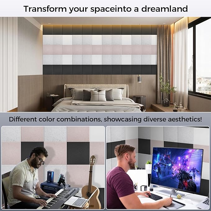 BSHEAD 15 pcs 165dtex Microfiber Acoustic Panels ，Self-Adhesive Soundproof Wall Panels, 12 x 12 x 0.4 in Sound Proof Foam Panels for Walls, High Density, Noise Dampening Panels for Home Studio（Gray）
