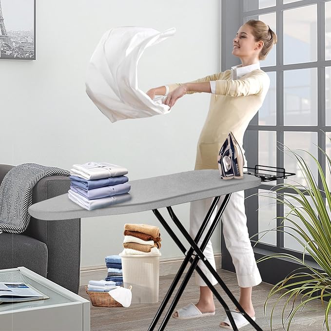 Ironing Board, 43x14 Inch Iron Board with Steam Rest, Heavy Duty Metal Frame Legs Ironing Table with Heat Resistant Cover Mat, Foldable Full Size Hanger Ironing Stand (Grey, 52" L x 14" W x 34.6" H)