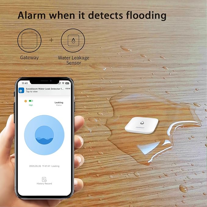 Easebloom Water Leak Detector for Home - Hub & Mini Water Leak Sensor 4-Pack,App Notifications,Sensors for Kitchen/Bathroom,Smart Water Leak Sensor