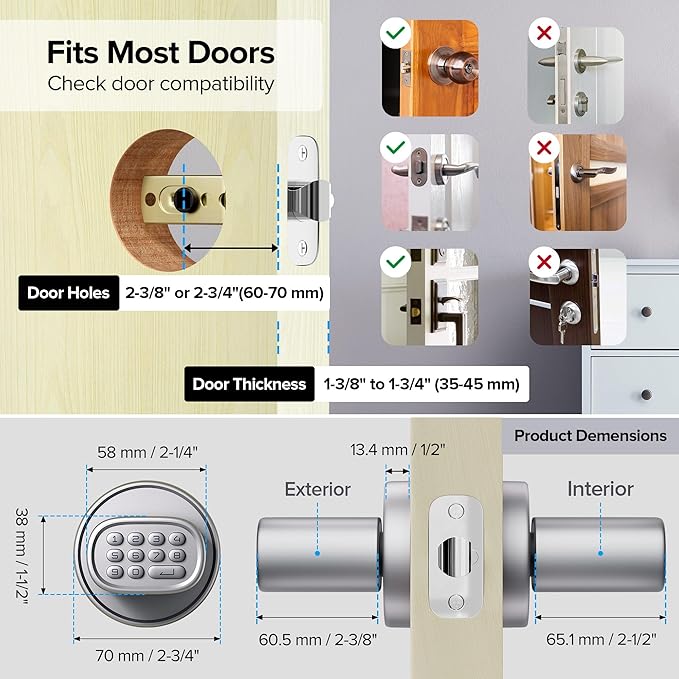 ThorBolt Door Lock Knob with Keypad Keyless Entry Door Knob Electric Coded Indoor Door Knob for Interior Doors Thickness up to 2-1/4", Bedroom, Home Office, Garage, 4xAA Alkaline Battery, M1 Silver