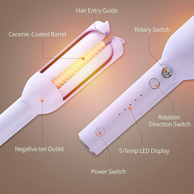 Inovocare Upgraded Automatic Rotating Curling Iron - CurlPro Plus Long Barrel Curling Wand for Long Hair, Ceramic Hair Curler for Women, Anti-Scald, Tangle-Free, 600M Ionic, Dual Voltage (Lavender)
