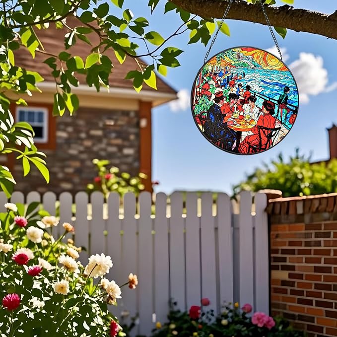 Stained Glass Window Hanging, Stunning 8''/20CM Suncatchers for Windows with Fade Resistant Hand-Painted Decorative Hanging Ornaments Captures Sunlight to Create a Vibrant Atmosphere (Beach Cafe)