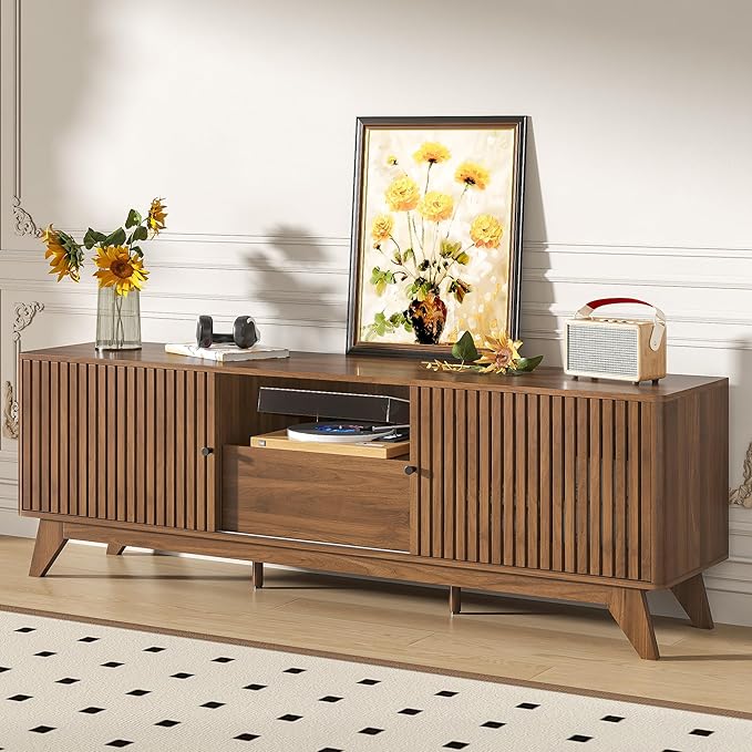 Oubayajia Mid Century Modern TV Stand for Televisions up to 70 Inches, with Sliding Doors and Storage, Curved Edge Television Stands, TV Consoles, Media Consoles for Living Room (Walnut, 70inch)