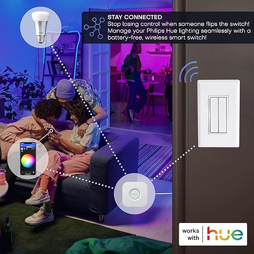 RunLessWire Click for Philips Hue – Battery-Free Wireless Smart Light Switch, 30ft Range – Works Natively with Philips Hue Bridge – Wall Mount Kinetic Switch - Decora Style, Black
