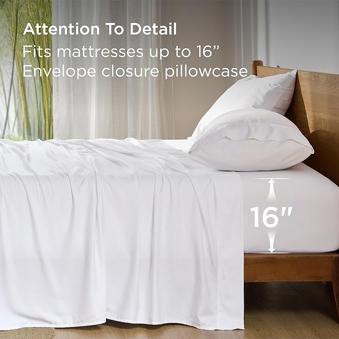 Bedsure California King Sheet Sets, Cooling Sheets, Rayon Derived from Bamboo, Deep Pocket Up to 16", Breathable & Soft, Hotel Luxury Silky Bedding for Hot Sleepers, White