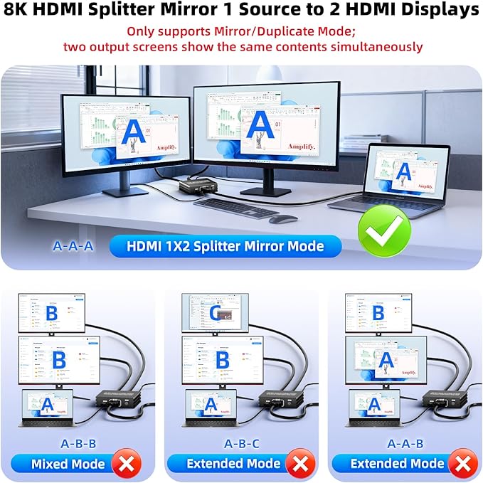 HDMI 2.1 Splitter 1 in 2 Out 4K 120Hz 8K 60Hz with Audio Out, BolAAzuL 1x2 HDMI Y Splitters Powered Plug&Play for Dual Monitors Duplicate, Zero Latency, Support HDCP 2.3 HDR for PS5/Xbox/PC/TV