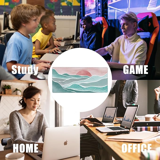 EOBKLAX Ocean Wave and Mountain Large Gaming Mouse Pad,Waterproof Desk Mat for Desktop,Non-Slip Rubber Base Mousepad with Stitched Edges for Laptop Office and Home 35.4X15.7 Inch