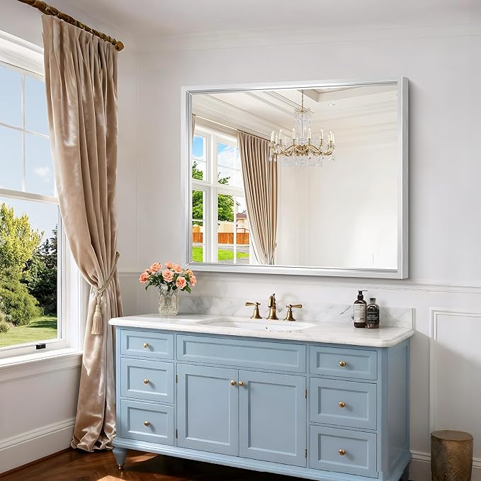 Silver Bathroom Mirror, 42 x 36 Inch Brushed Silver Rectangle Mirror for Wall, 0.6" Thickened Deep Frame Mirrors for Over Sink, Shatterproof Tempered Glass, Antirust, Horizontally or Vertically