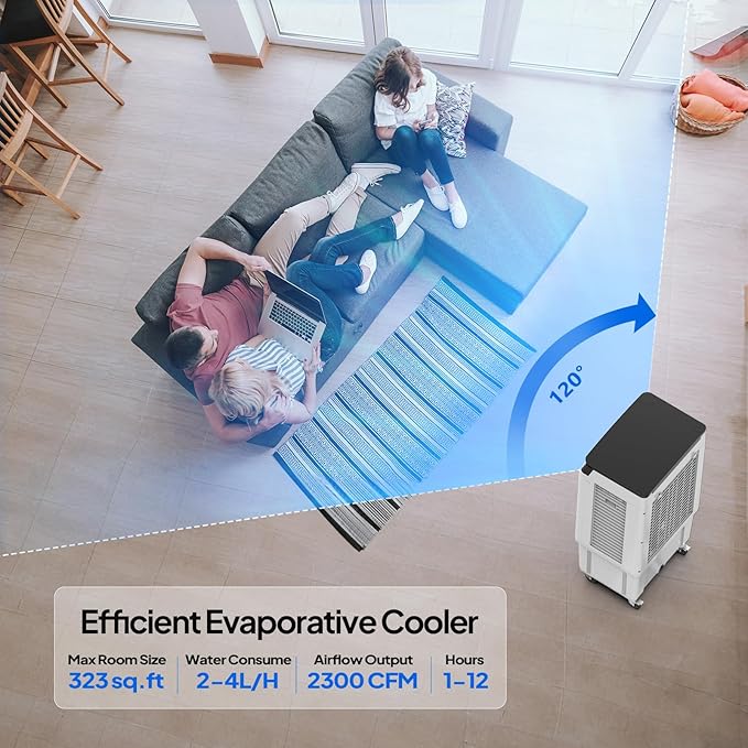 ROVSUN 2300CFM Portable Air Cooler, 7.9Gal/30L Evaporative Swamp Cooler, 3-IN-1 Cooling Fan with Remote Control, 12H Timer & 4 Ice Box, 3 Speeds, Humidifying Oscillating Fan for Indoor or Outdoor