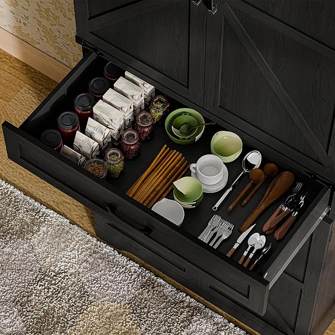 72" Kitchen Pantry Storage Cabinet, Farmhouse Style With Adjustable Shelves, Large Capacity Drawer, Freestanding Cupboard for Kitchen, Dining Room, Living Room, Black