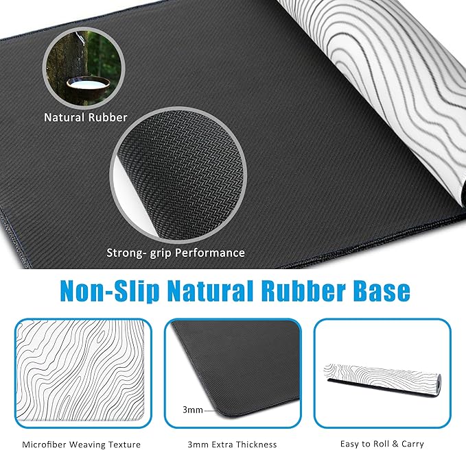 EOBKLAX Mouse Pad,Topographic Line Desk Mat for Desktop,Desk Pad with Non-Slip Base and Stitched Edge,Extended Mousepad for Office and Home 35.4X15.7 Inch
