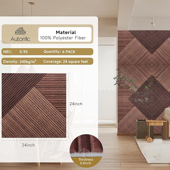 Autorific Acoustic Wall Panels,6 Pack Total Size 72 x 48 Inches,Self-Adhesive Decorative Acoustic Panels for Wall and ceiling,3D UV Printing with Wood Look,Red Sandalwood