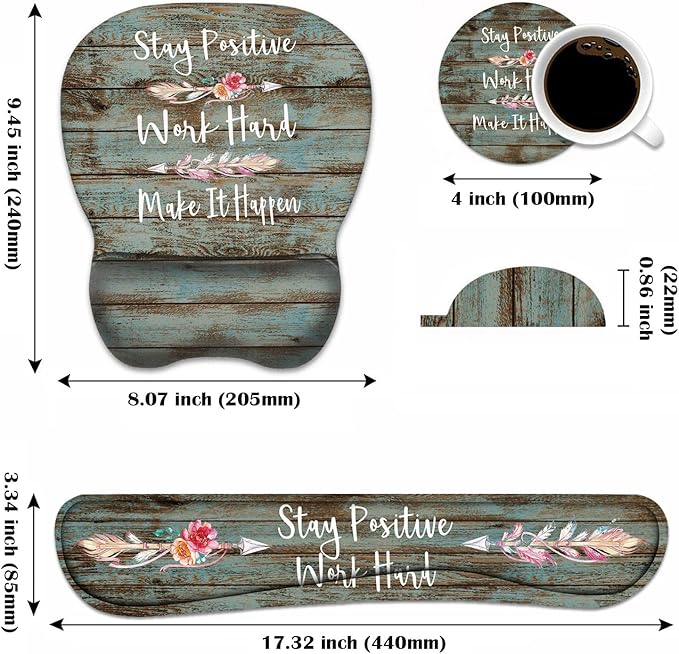 Mouse Pad Wrist Support and Keyboard Wrist Rest Set with Coasters, Inspirational Quote Stay Positive Work Hard and Make It Happen Non-Slip PU Base Ergonomic Mousepad for Home Office Working Studying
