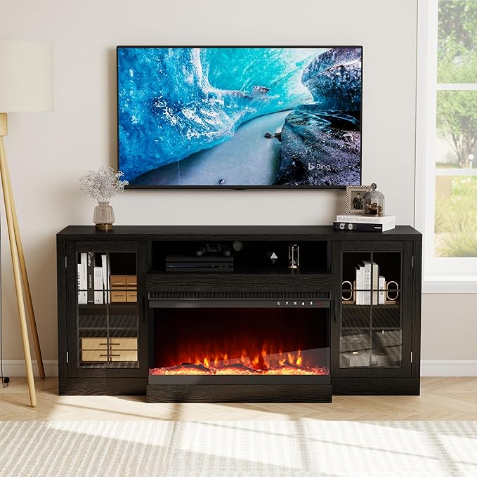 CharaVector 63 inch Fireplace TV Stand for TVs up to 75" with 30" 3-Sided Electric Fireplace, Farmhouse Entertainment Center with Glass Doors & Storage Cabinet, Black