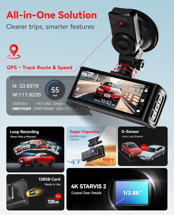 REDTIGER 4K STARVIS 2 Dash Cam Front and Rear, 5GHz WiFi 20MB/s Download - Image 3