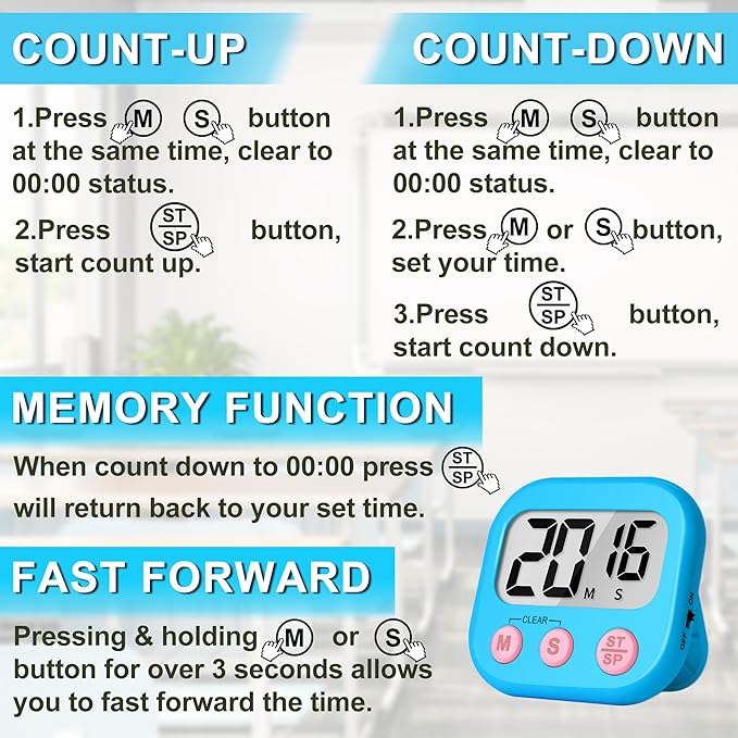 ZILLEEN Classroom Timer for Kids Teachers 2 Pack Digital Timers, Blue & White