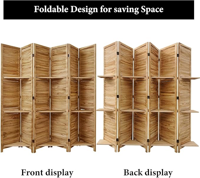 Partition Room Dividers, Folding Wood Privacy Screen with Three Display Shelves Suitable for Home Office, Study, Art Display - 6 Panel, 67 * 77inch (Wood)