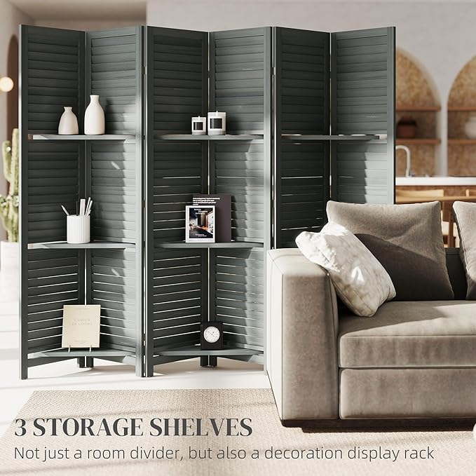 HOMCOM Room Divider, 6 Panel 67" Tall Wood Privacy Screen with 3 Display Shelves, and Folding Storage for Bedroom or Home Office, Gray
