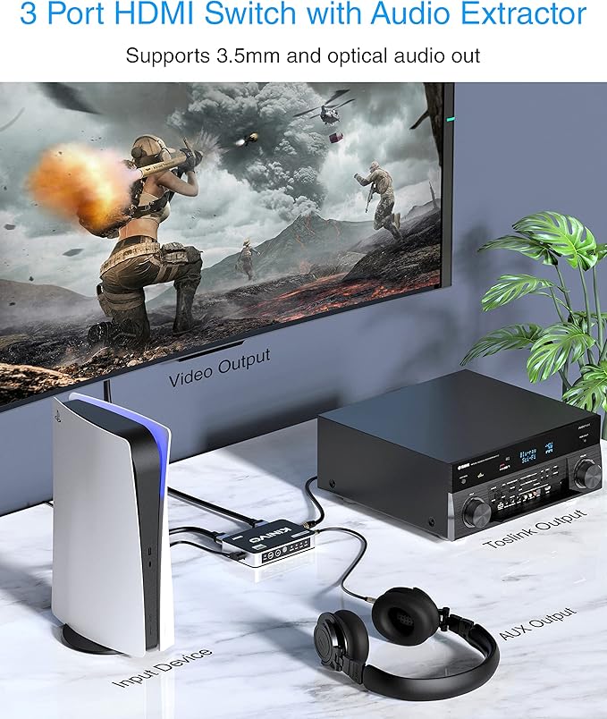 Kinivo HDMI Switch with Audio Extractor 360BNT (3 in one out, Toslink Optical Audio Port, SPDIF, 4K 60Hz, High Speed 18Gbps, IR Remote) - Compatible with Roku, PS5, Xbox, Apple TV, Dolby Digital/Atmos