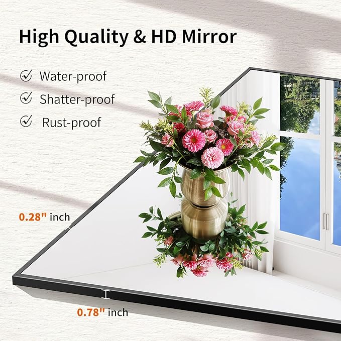 Black Bathroom Mirror for Wall, 16x48 Inch Rectangle Mirror with Metal Frame, Modern Vanity Mirrors for Bathroom Living Room, Entryway Hangs Horizontal or Vertical
