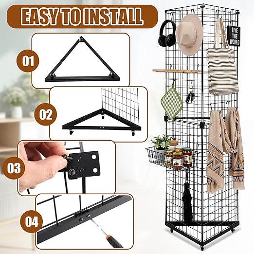 Weysat 5' x 1.6' Triangle Gridwall Panel Display Stand 3-Sided Grid Tower with Base and Casters Rolling GridWall Panel Stand for Home Organization Display Vendor Events, Black