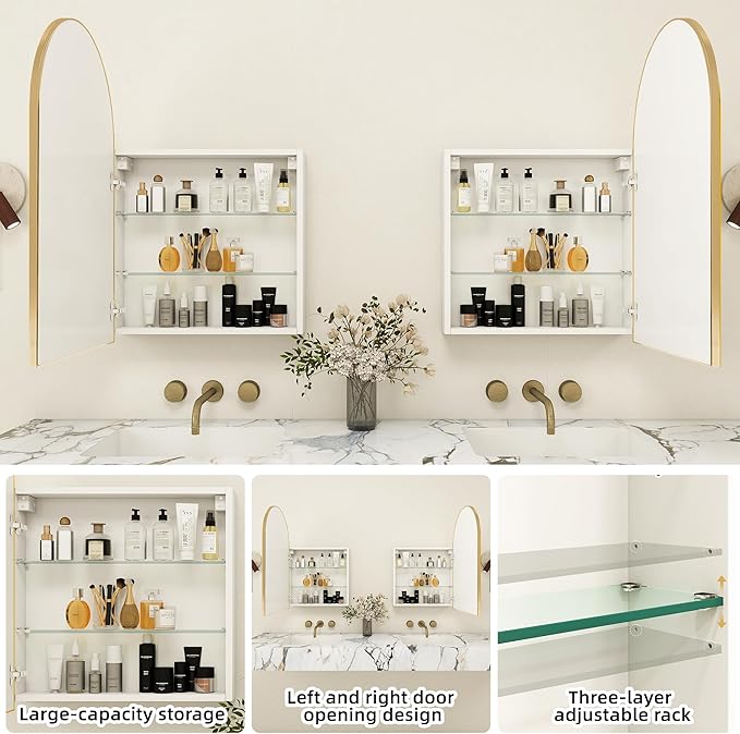 20 x 30 Medicine Cabinet with Mirror,Gold Bathroom Mirror with Storage,Metal Framed Medicine Cabinet Wall Mount with Adjustable Shelves for Bathroom Vanity Modern Farmhouse