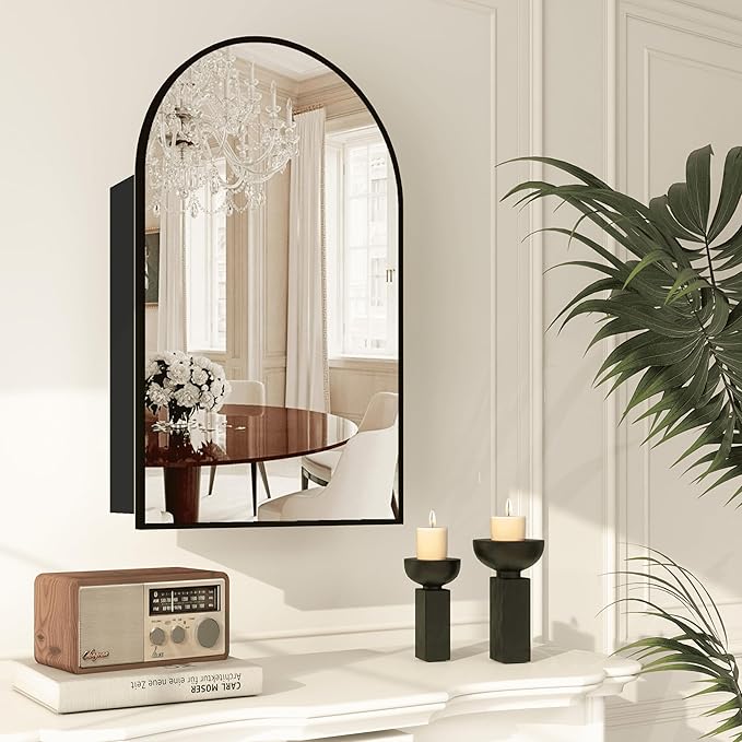 Bathroom Medicine Cabinet with Mirror, Arched Medicine Cabinet Wall Mounted, Modern Vanity Mirror with Storage, Mirrored Cabinet with Adjustable Shelves, Not Recessed, 20x32 Inch,Black