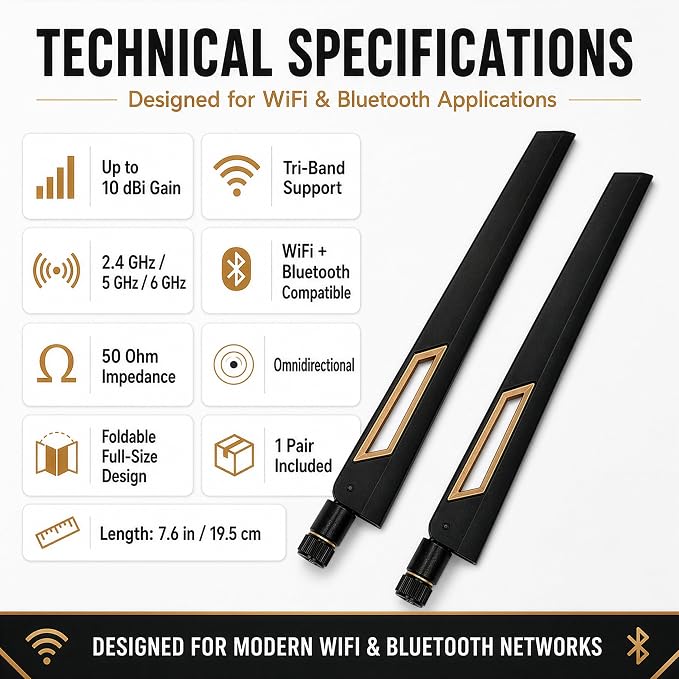 Tri-Band WiFi Antenna 10dBi High Gain 2.4GHz, 6GHz | Pair of Black/Bronze | - Image 7