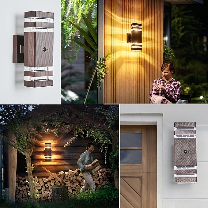 2 Pack Oil Rubbed Bronze Outdoor Wall Lights with 3-Mode Motion Sensor Up Down Porch Lights Modern Dusk Dawn Exterior Sconce Wall Mount Outside Coach Lantern for House(With 4 Dimmable Warm Bulbs)