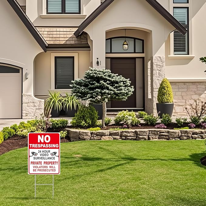NO Trespassing Signs Private Property Video Surveillance Sign, Large 4-Pack 13"x10" Double-Sided Signs, Corrugated Plastic, H-Metal Stakes, Outdoor Yard Sign for Home and Front Door Land, and Garden, Lawn