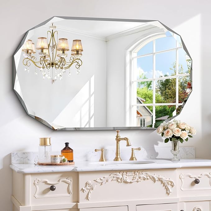 GLASHOM Frameless Bathroom Mirror, 30x48 inch Beveled Bathroom Mirror Wall Mounted, Modern Frameless Mirror for Bathroom, Living Room, Entryway Mirror Horizontal or Vertical