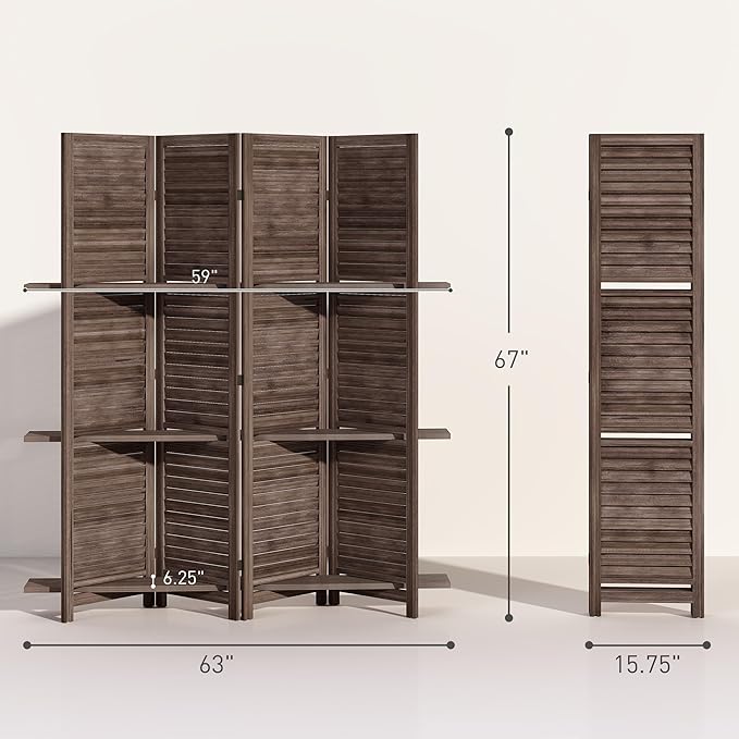 HOMCOM Room Divider, 4 Panel 67" Tall Wood Privacy Screen with 3 Display Shelves, and Folding Storage for Bedroom or Home Office, Walnut