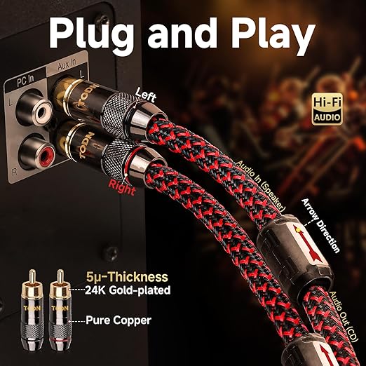 TODN RCA Cables for Audiophile 3ft HiFi Stereo Shielded RCA to RCA Audio Cable for Car, Subwoofer, 4-Core OFC, 5μ Gold Plated Plug (3 foot/1m, 1 Pair)