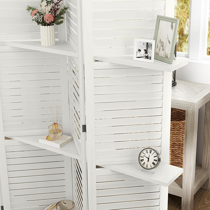 HOMCOM Room Divider, 5 Panel 67" Tall Wood Privacy Screen with 3 Display Shelves, and Folding Storage for Bedroom or Home Office, White