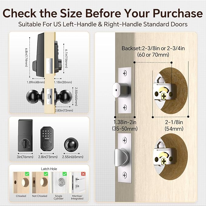 VCHOO Keyless Entry Door Lock with Handle, App Control Door Locks for Front Door, Auto Lock Keypad Door Lock with Handle, Smart Door Lock for Home Hotel Bedroom with 2 Door Knobs