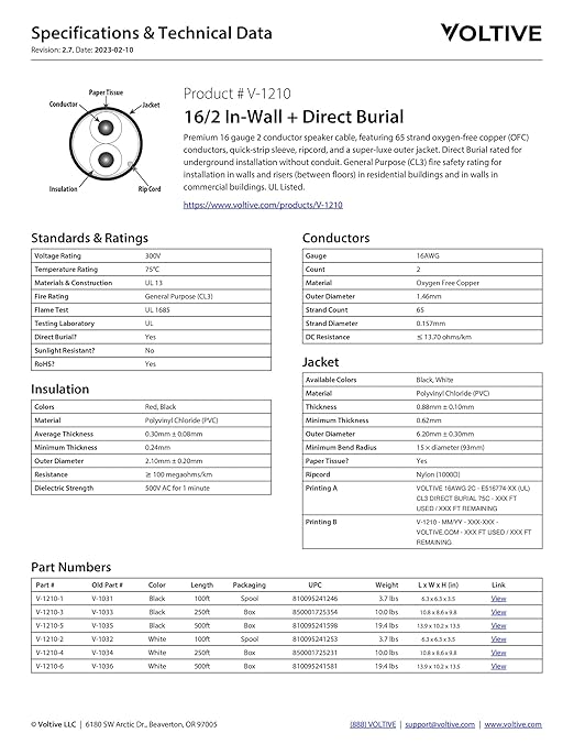Voltive 16/2 Speaker Wire, in-Wall CL3 & Direct Burial, White, 100ft - 16AWG, 2 Conductors, Stranded Oxygen-Free Copper, UL Listed - V-1210-2
