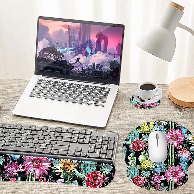 Keyboard Wrist Rest and Mouse Pad Wrist Support Set with Coasters,Non-Slip PU Base Ergonomic Gaming Mousepad for Home Office Working Studying Easy Typing & Pain Relief,Cactus