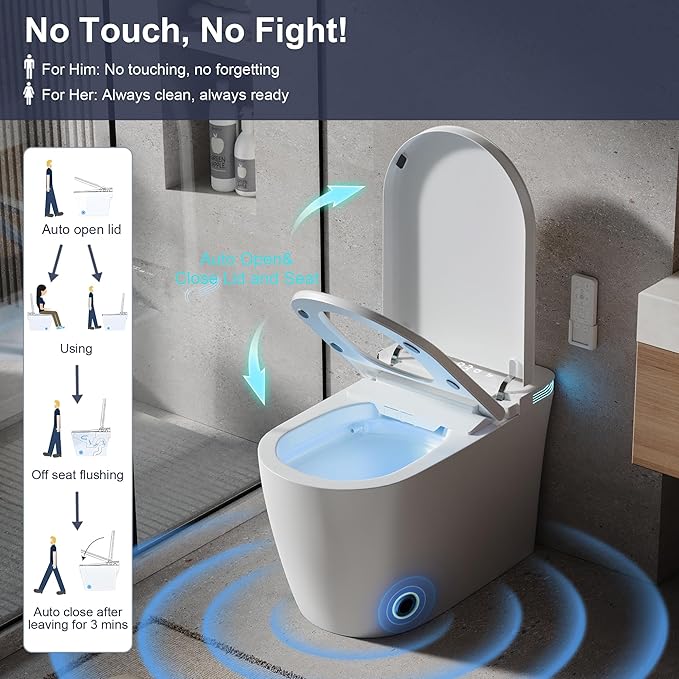 Smart Toilet with Bidet Built in, Bidet Toilet with Heated Seat and Night Light,Warm Water Wash&Dry, Modern Tankless Toilet for Bathroom, One Piece Toilets with Soft Close, Foot Sensor, Auto Lid&Seat