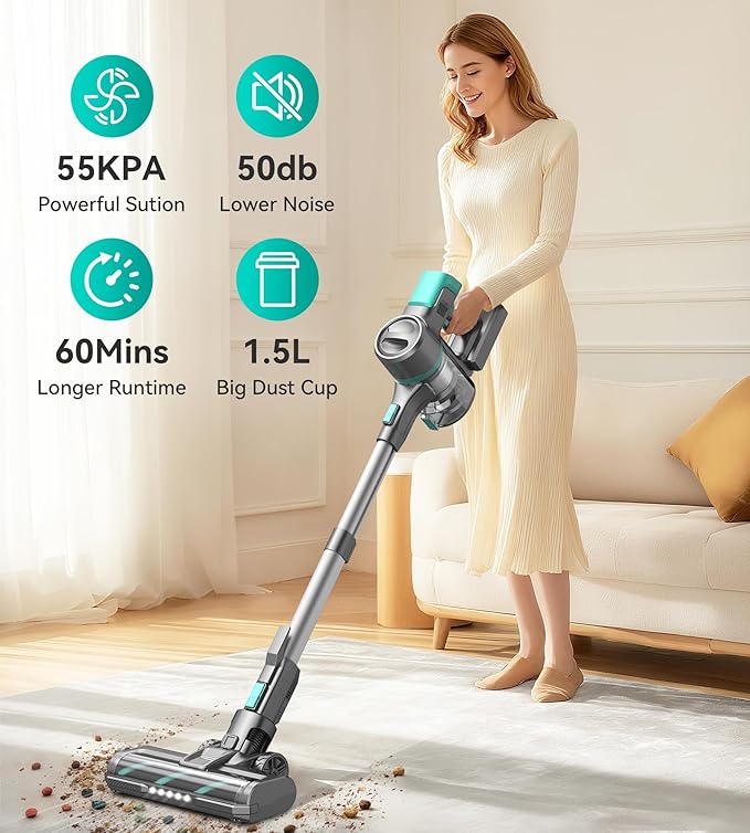 Yassol S10K Cordless Vacuum Cleaner, 55Kpa 60mins Lightweight Stick Vacuum with Powerful Suction for Home, Rechargeable, Self-Standing, Handheld Vacuum Cleaners for Hardwood Floors, Carpets, Pet Hair