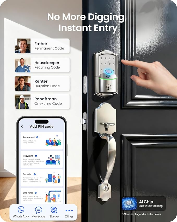 Veise VE027-H Built-in Wi-Fi Fingerprint Smart Deadbolt Lock with Handleset, App Remote & Voice Control, Keyless Entry Front Door Lock Set, Touchscreen Keypad, Auto-Lock, Easy Setup, Satin Nickel