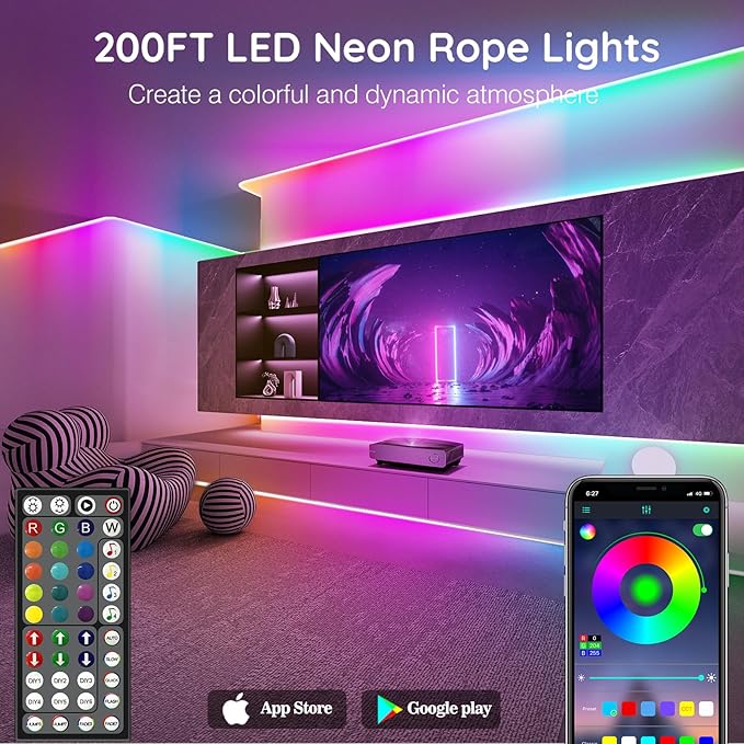 SINLEY Led Neon Rope Lights 200FT,Control with App/Remote,Flexible Led Rope Lights,Multiple Modes,IP68 Outdoor RGB Neon Lights Waterproof,Music Sync Gaming Led Strip Lights for Bedroom Indoor