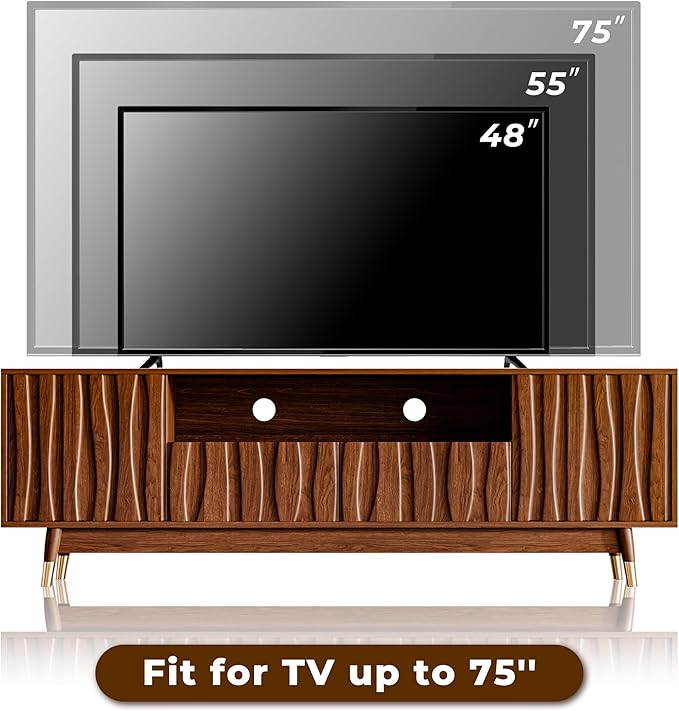ATJafurn 66‘’ Brown Walnut Finish TV Stand for 48/55/65 Inch TVs, Mid Century Modern Wood Media Console Entertainment Center with 2 Drawers and 2 Cabinets for Living Room Bedroom